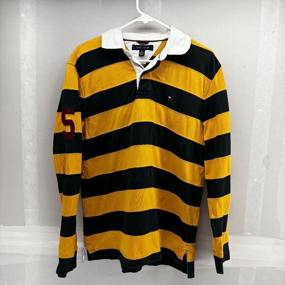 Tommy Hilfiger Yellow Green Striped Mens Large Rugby Polo #5 Shirt Long Sleeve - Picture 1 of 4